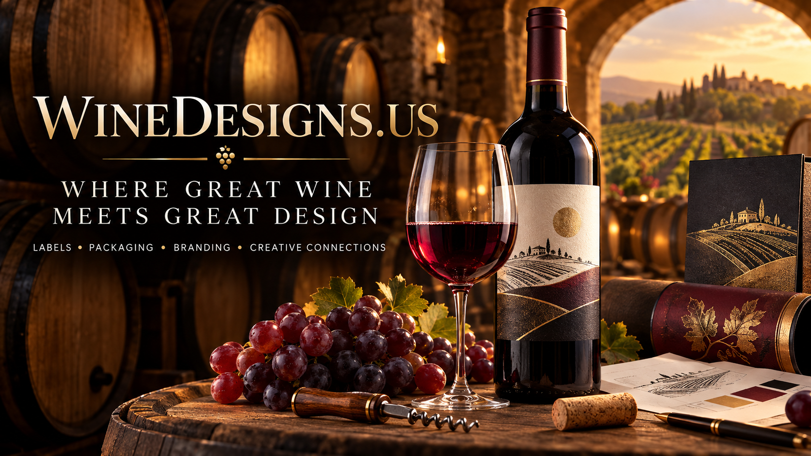 WineDesigns.us. Where great wine meets great design. Labels, packaging, branding and creative connections. A wine bottle, glass and illustrative packaging in a golden cellar setting.